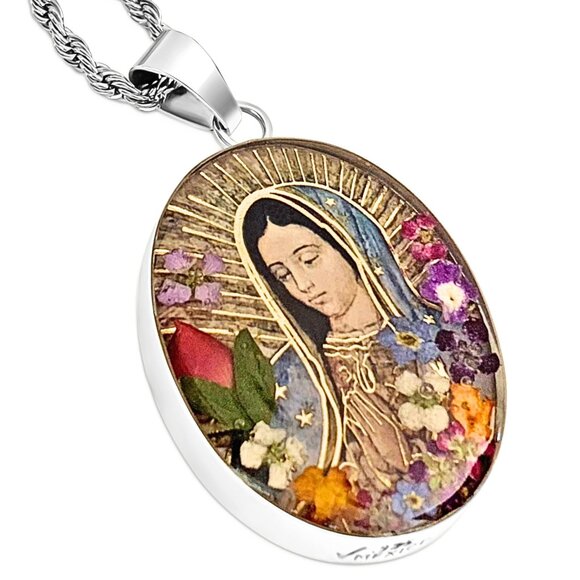 Sterling Silver Virgin Mary Pendant Necklace Handmade Religious Jewelry Gift